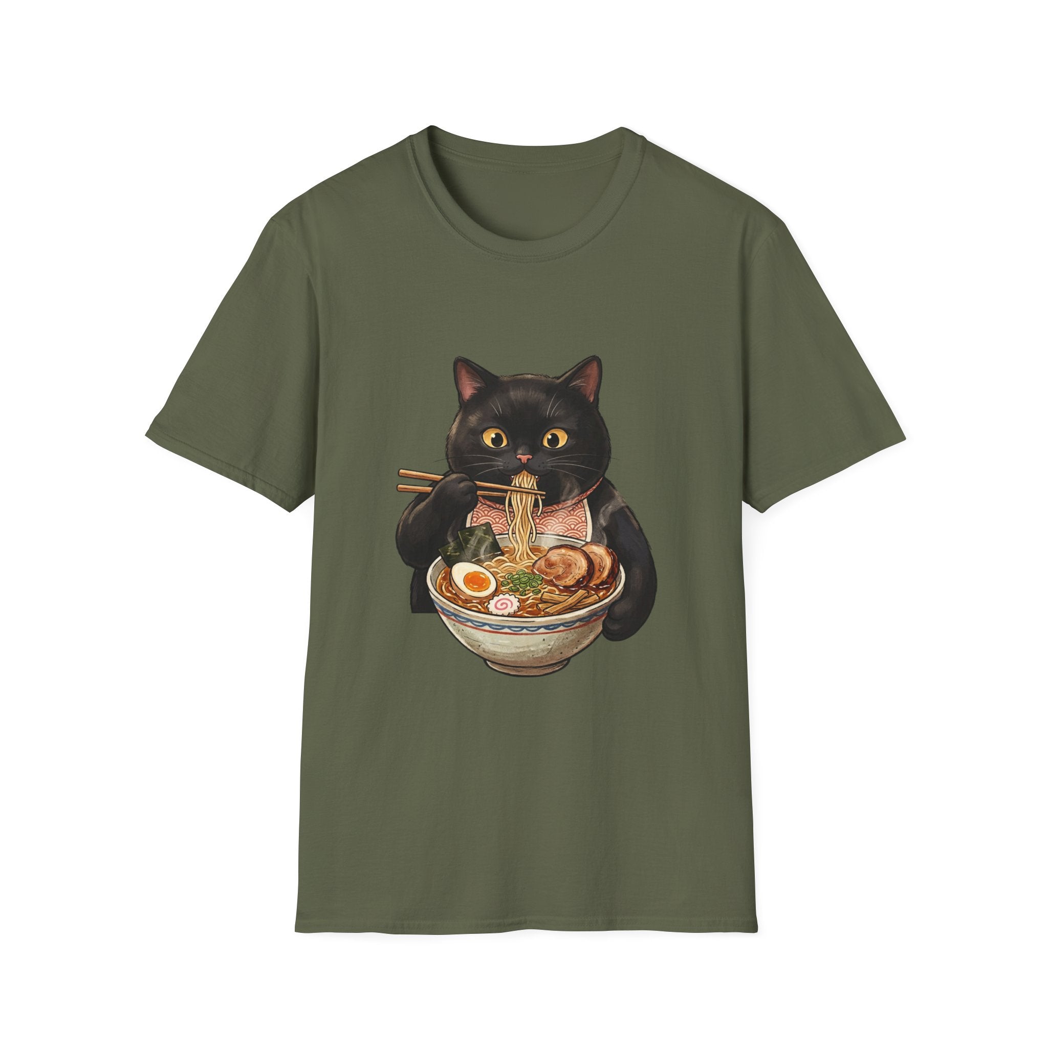 Black Cat Eating Ramen T-Shirt | Cute Kawaii Cat Noodle Bowl Design