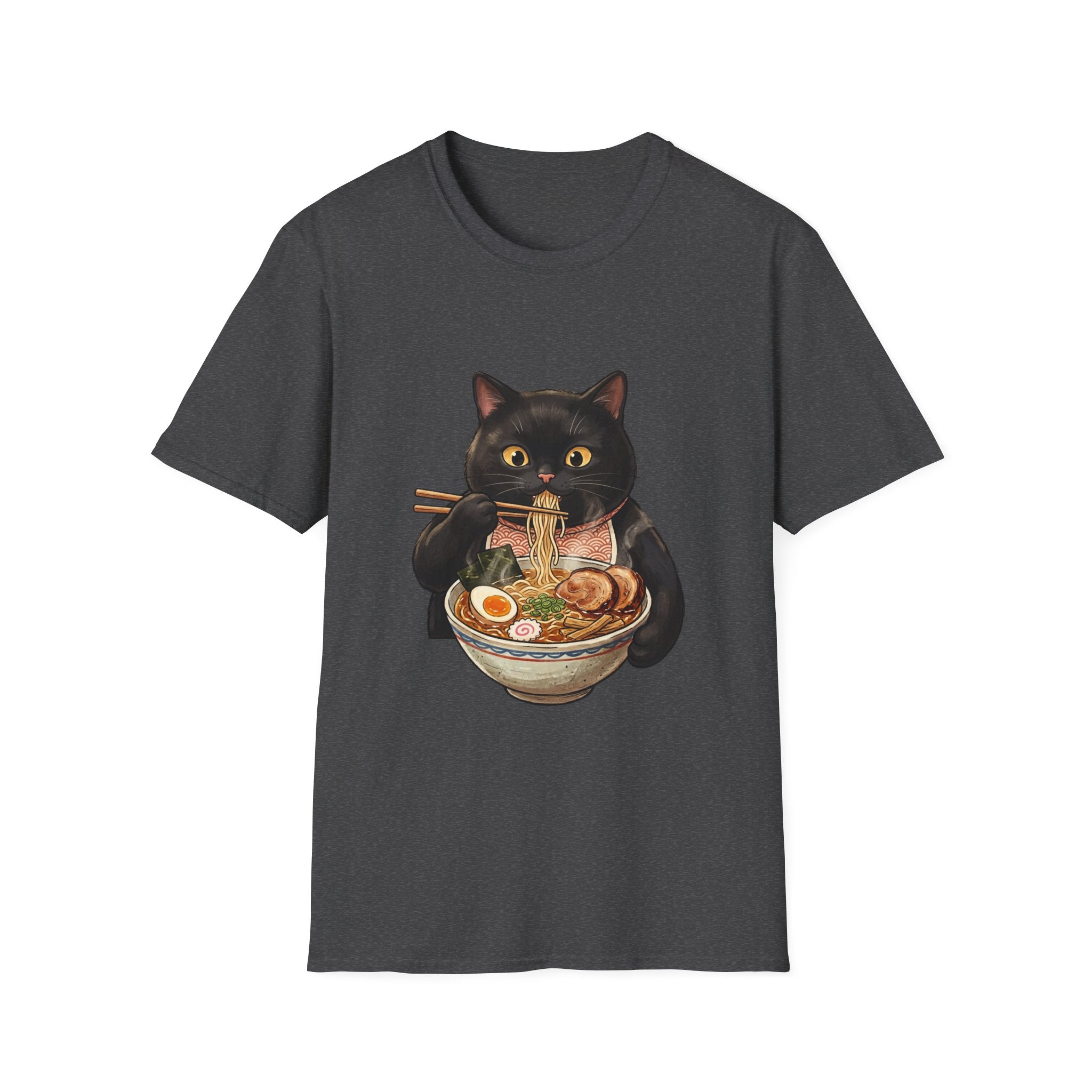 Black Cat Eating Ramen T-Shirt | Cute Kawaii Cat Noodle Bowl Design