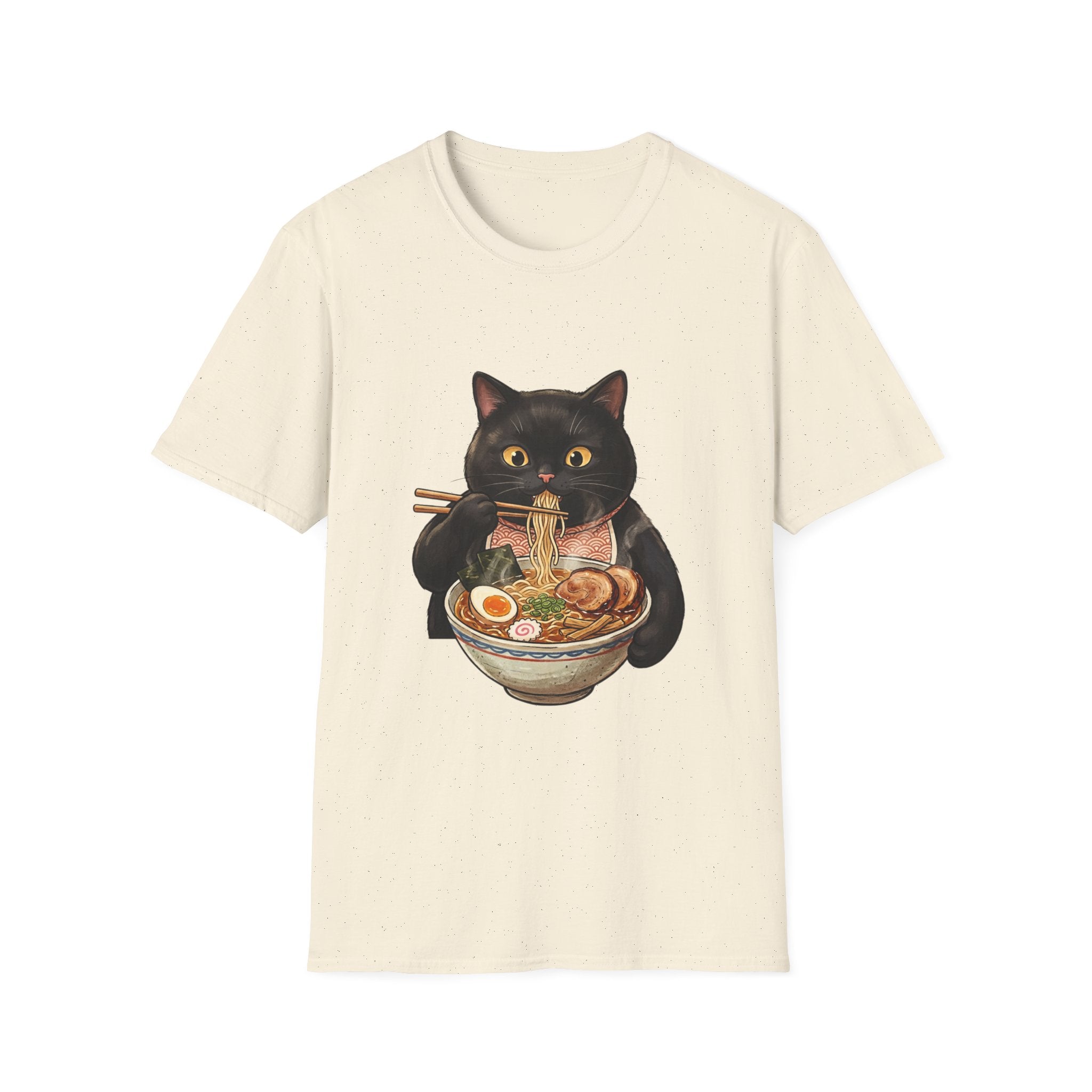 Black Cat Eating Ramen T-Shirt | Cute Kawaii Cat Noodle Bowl Design