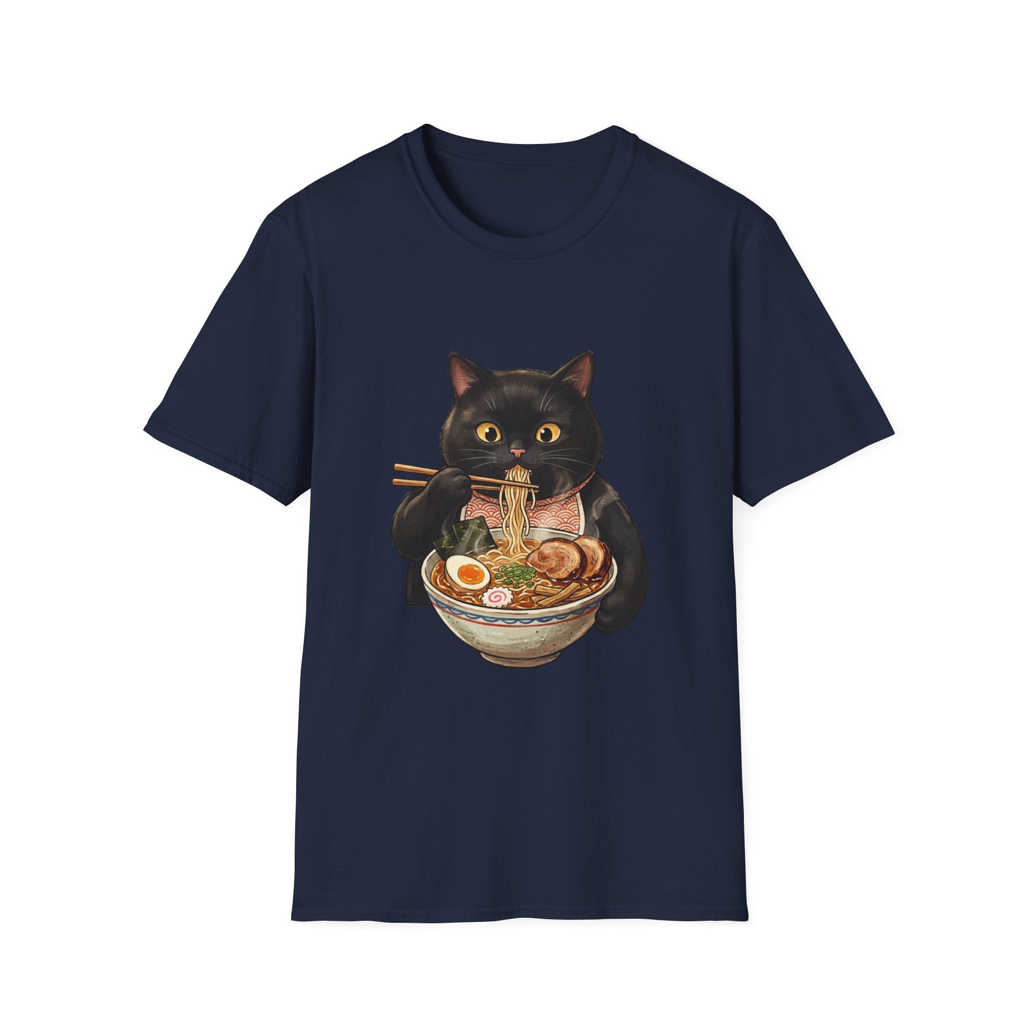 Black Cat Eating Ramen T-Shirt | Cute Kawaii Cat Noodle Bowl Design
