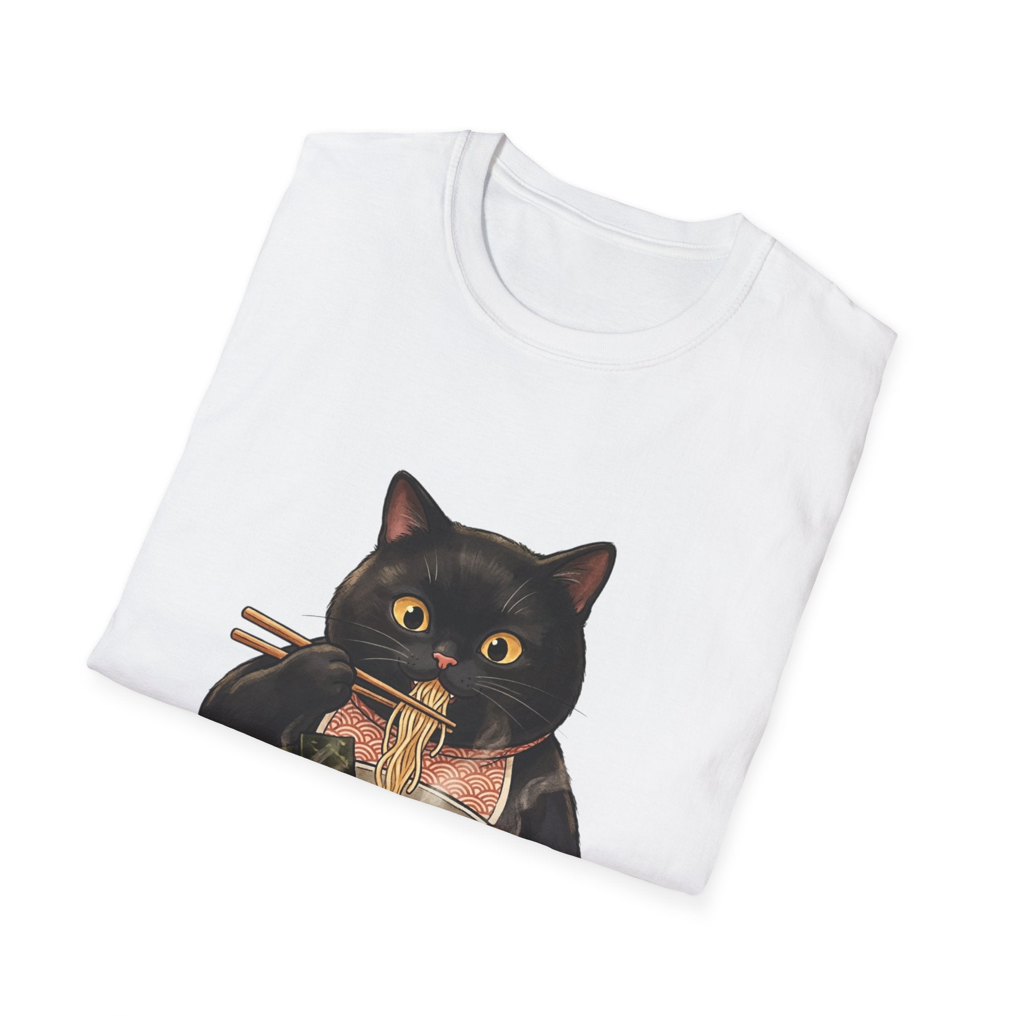 Black Cat Eating Ramen T-Shirt | Cute Kawaii Cat Noodle Bowl Design