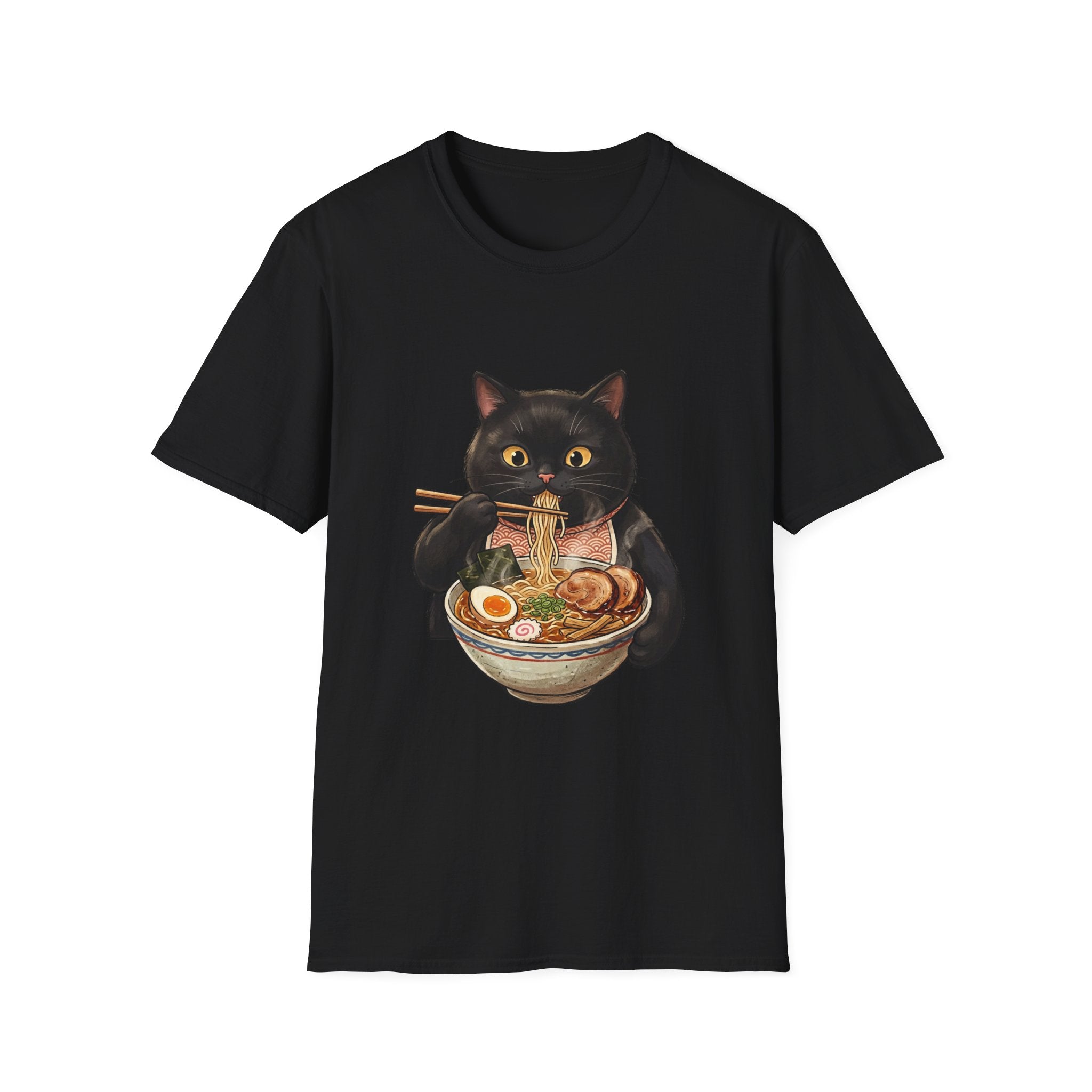 Black Cat Eating Ramen T-Shirt | Cute Kawaii Cat Noodle Bowl Design