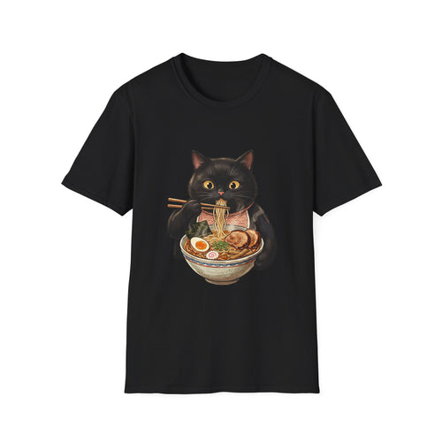 Black Cat Eating Ramen T-Shirt | Cute Kawaii Cat Noodle Bowl Design