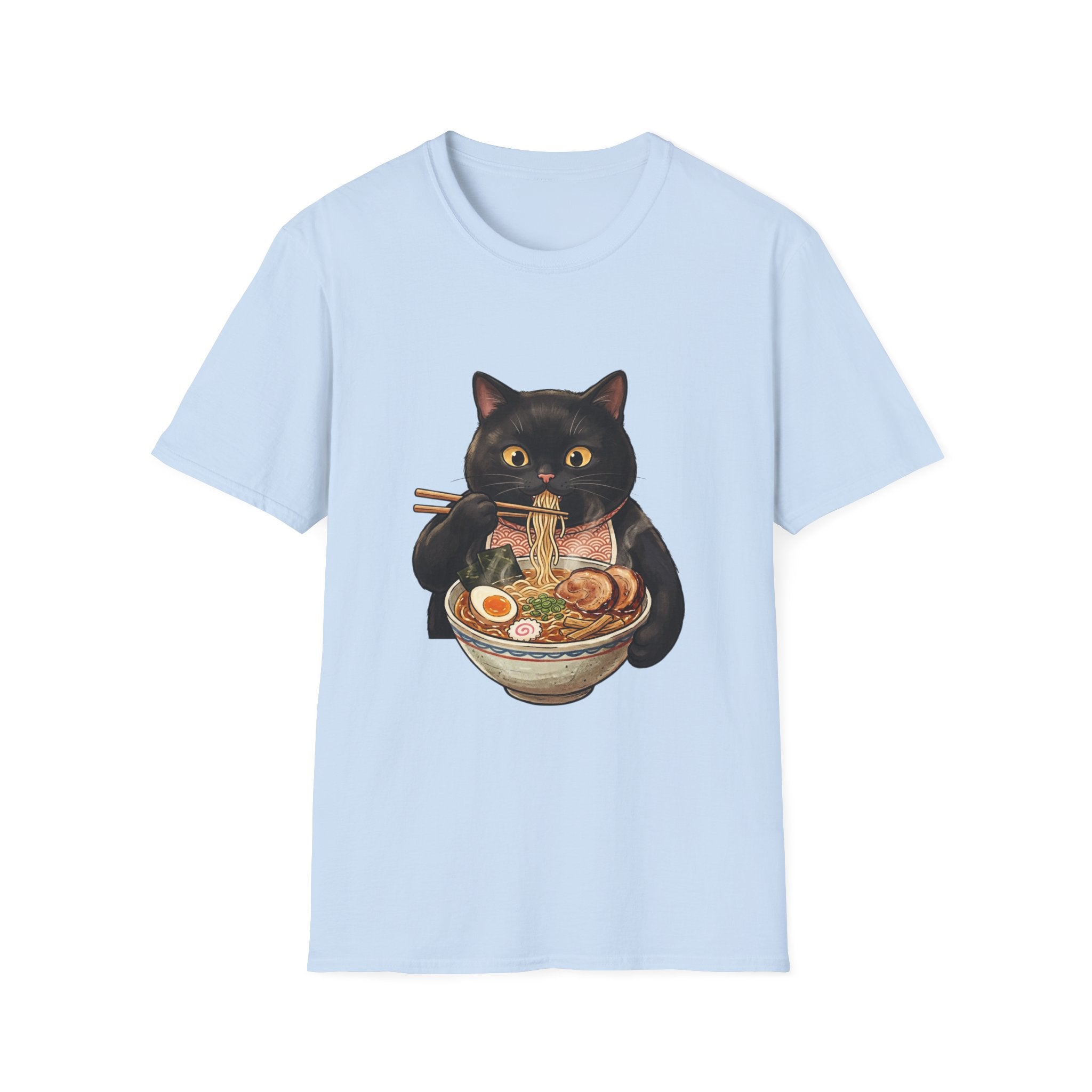 Black Cat Eating Ramen T-Shirt | Cute Kawaii Cat Noodle Bowl Design