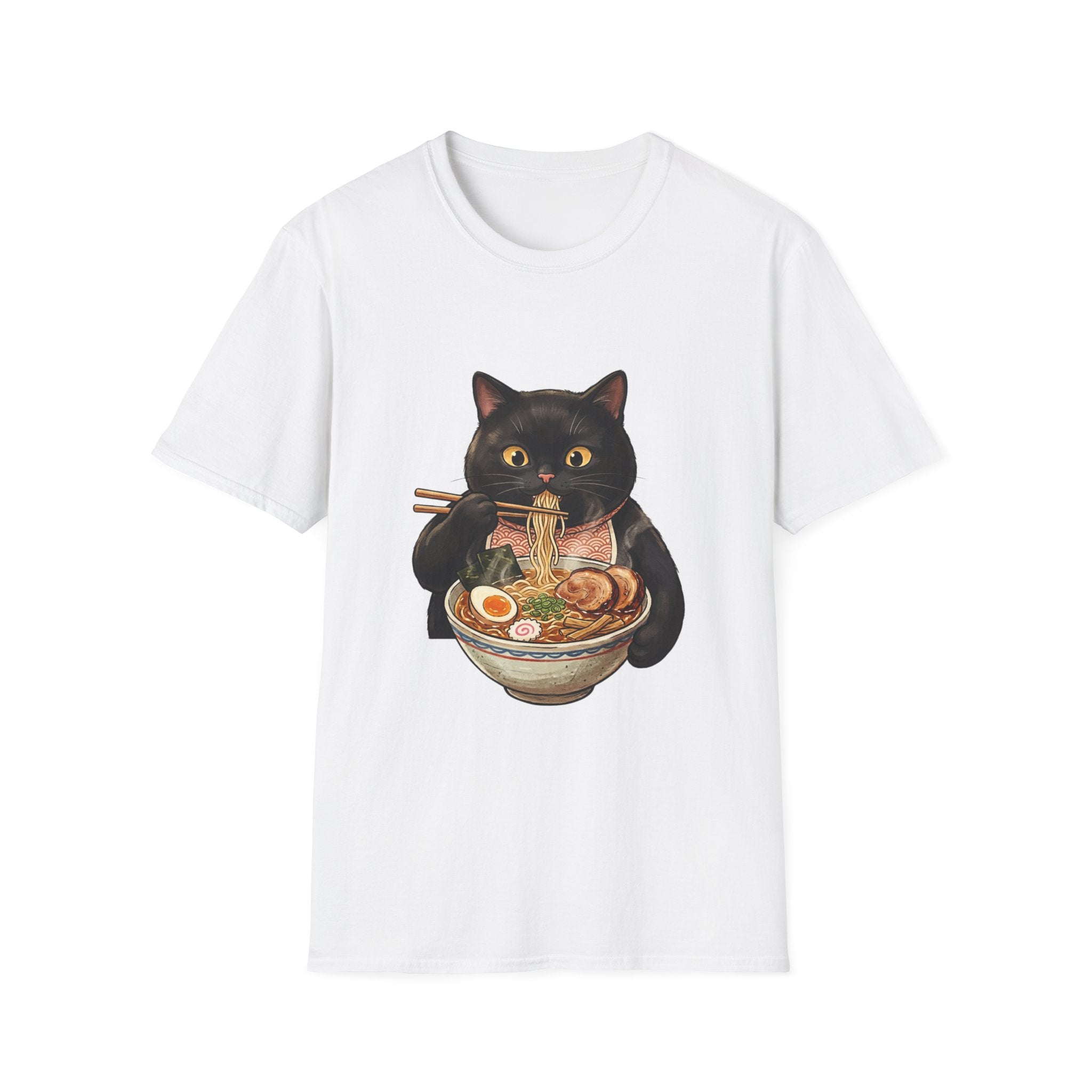 Black Cat Eating Ramen T-Shirt | Cute Kawaii Cat Noodle Bowl Design