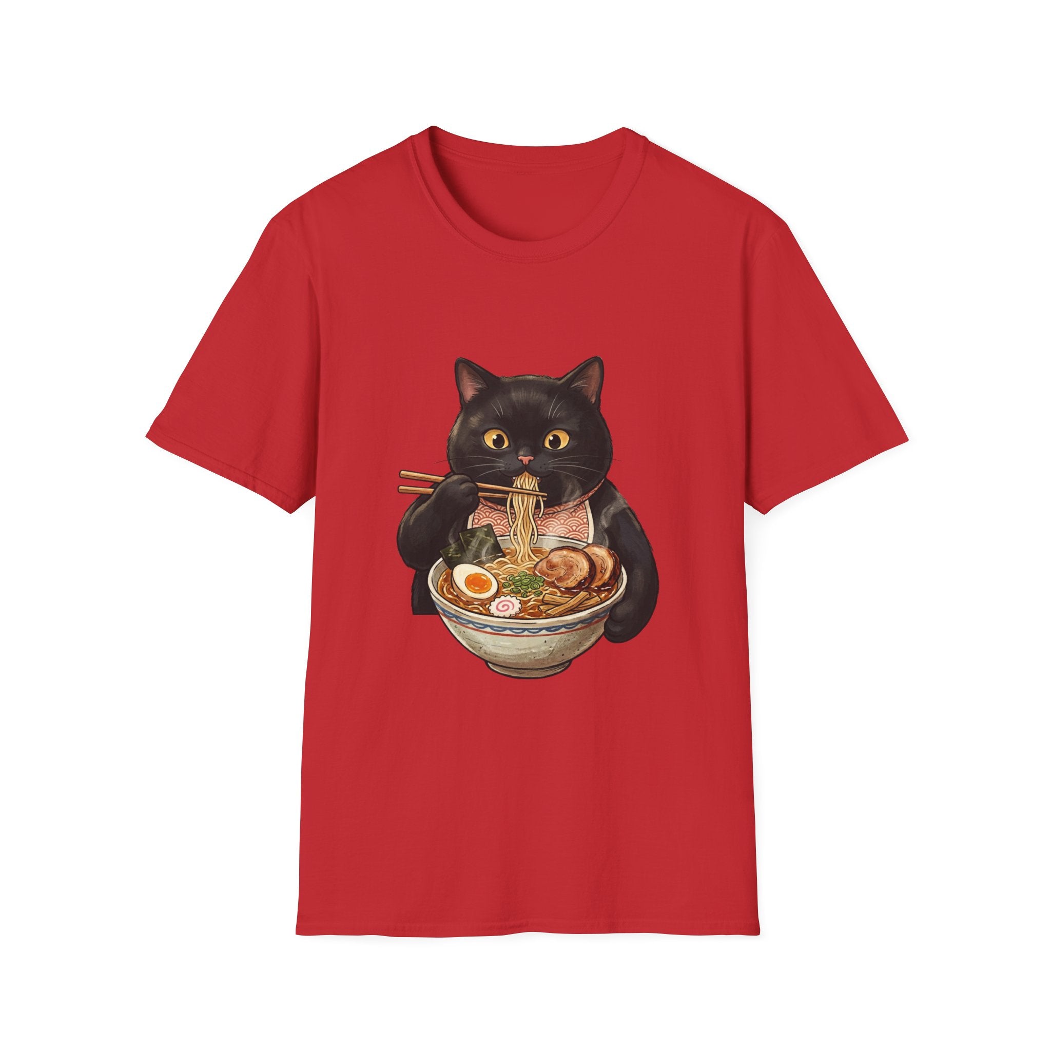 Black Cat Eating Ramen T-Shirt | Cute Kawaii Cat Noodle Bowl Design