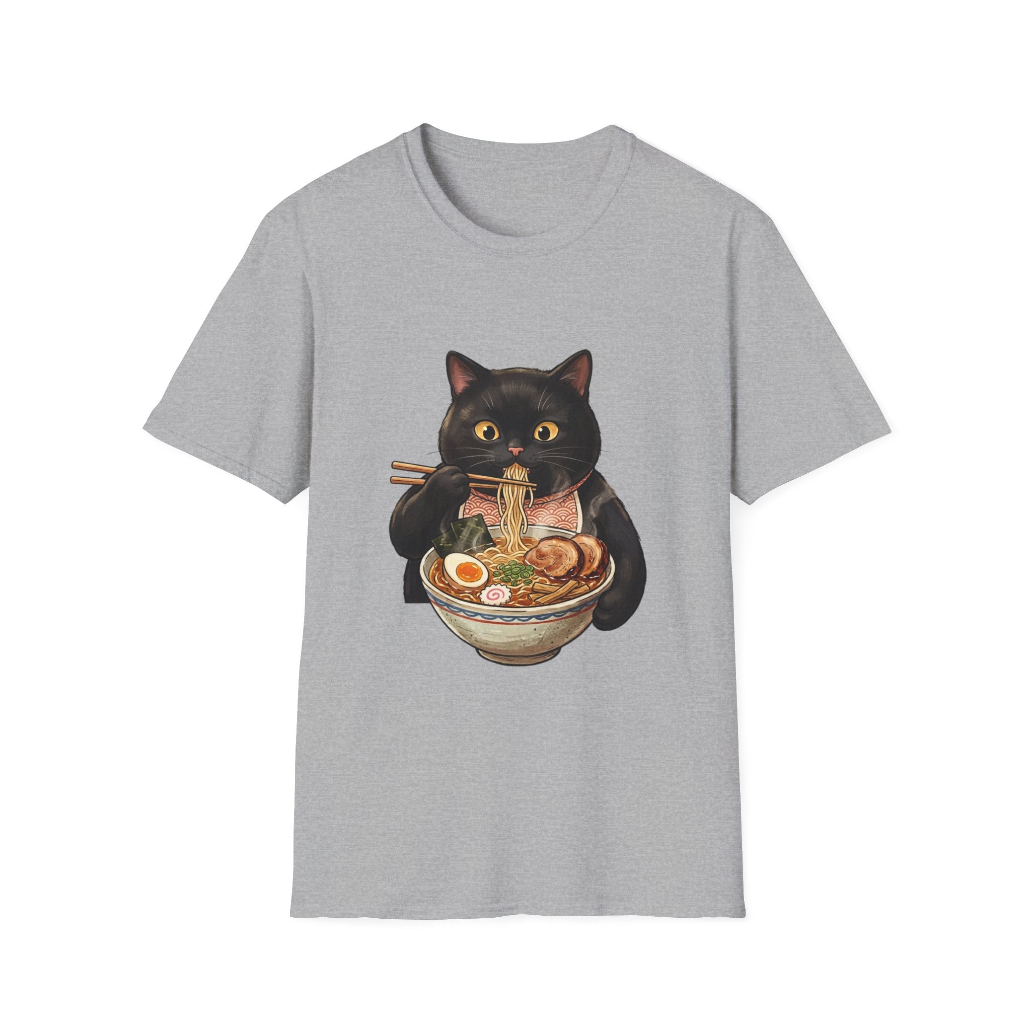 Black Cat Eating Ramen T-Shirt | Cute Kawaii Cat Noodle Bowl Design