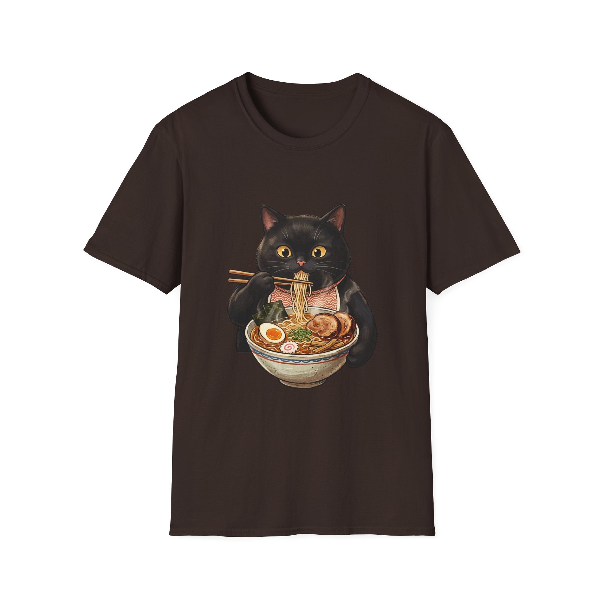 Black Cat Eating Ramen T-Shirt | Cute Kawaii Cat Noodle Bowl Design